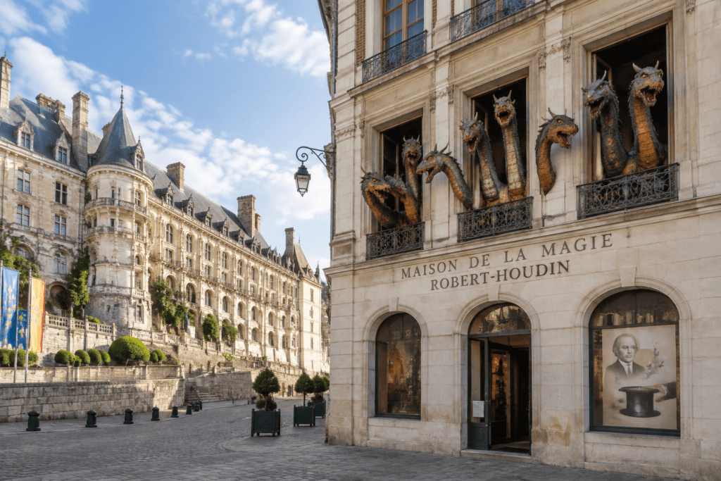 Des têtes de dragon mécanique apparaissent aux fenêtres de la Maison de la Magie Robert-Houdin, dont la façade porte son nom ; le château de Blois est