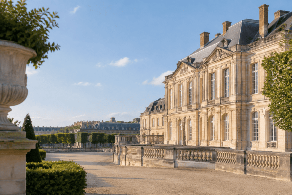 Façade en pierre d’un grand bâtiment classique longeant une terrasse et un jardin à la française.