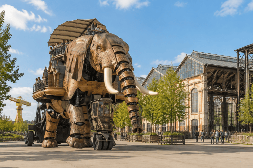 Le Grand Éléphant mécanique avance devant les nefs industrielles de l’île de Nantes, sous un ciel bleu.