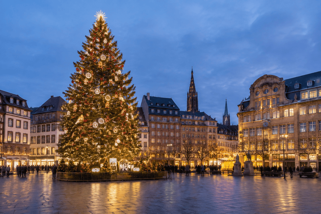 Un grand sapin illuminé se dresse sur une place pavée, devant des façades strasbourgeoises éclairées.