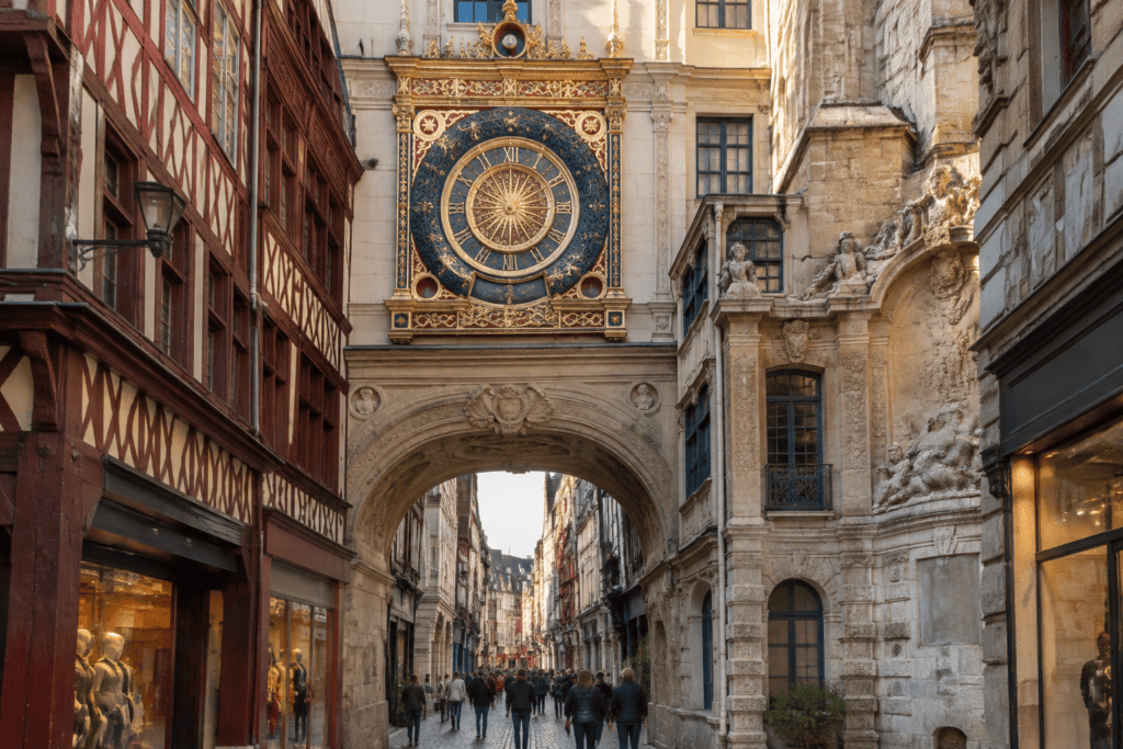 Le cadran bleu et or du Gros-Horloge surplombe une arche sculptée, encadrée par des façades anciennes.