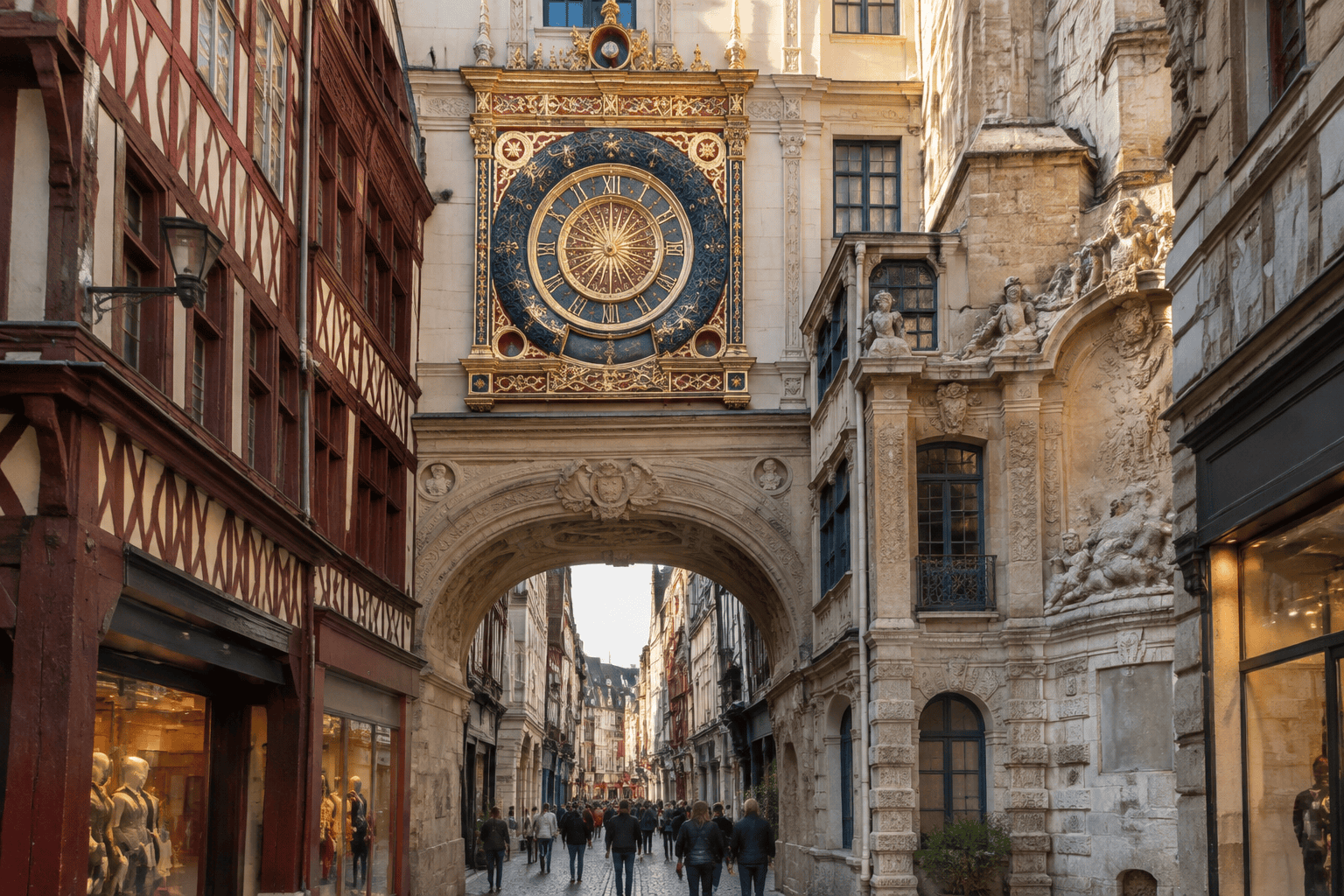 Le cadran bleu et or du Gros-Horloge surplombe une arche sculptée, encadrée par des façades anciennes.