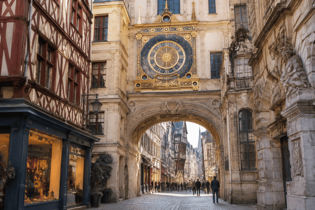 Le cadran doré du Gros-Horloge surplombe une arche de pierre, avec une rue piétonne et des maisons à colombages en arrière-plan.