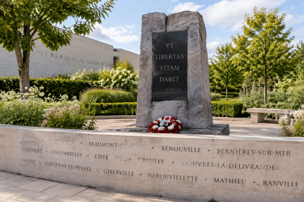 Monument de pierre avec une plaque gravée d’une citation de Virgile, devant un muret portant des noms de communes normandes.