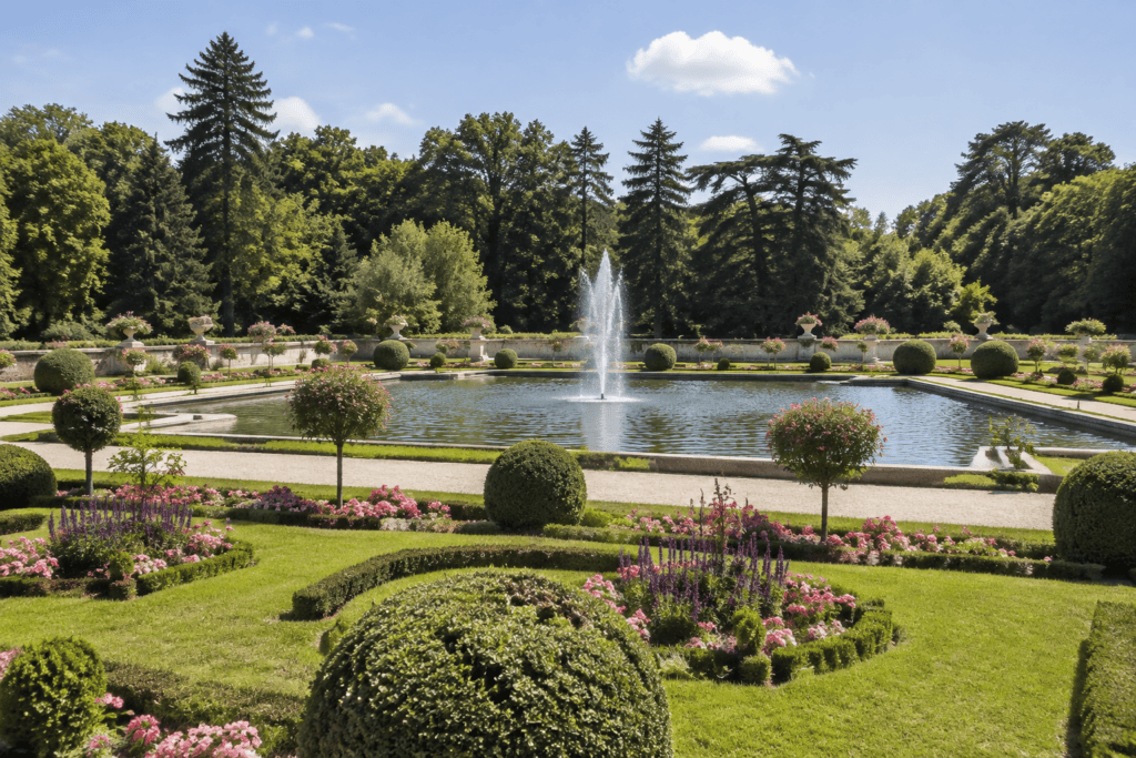 Bassin avec une fontaine, entouré de haies taillées, de fleurs et d’arbres.