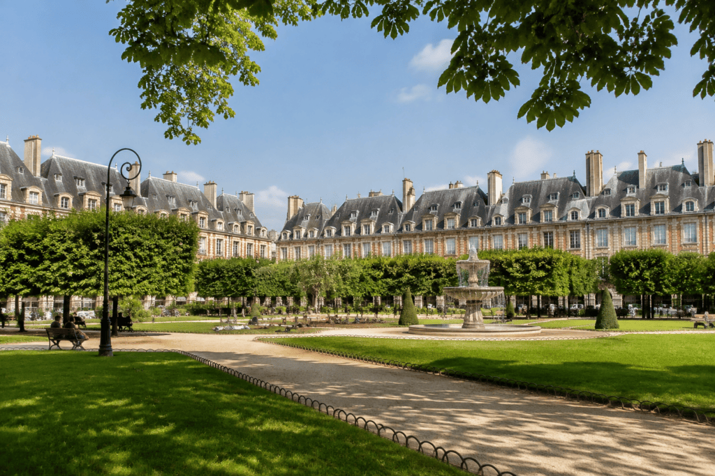 Jardin central de la place des Vosges Allées, pelouses, arbres et fontaine au centre de la place des Vosges, entourés de façades à arcades.