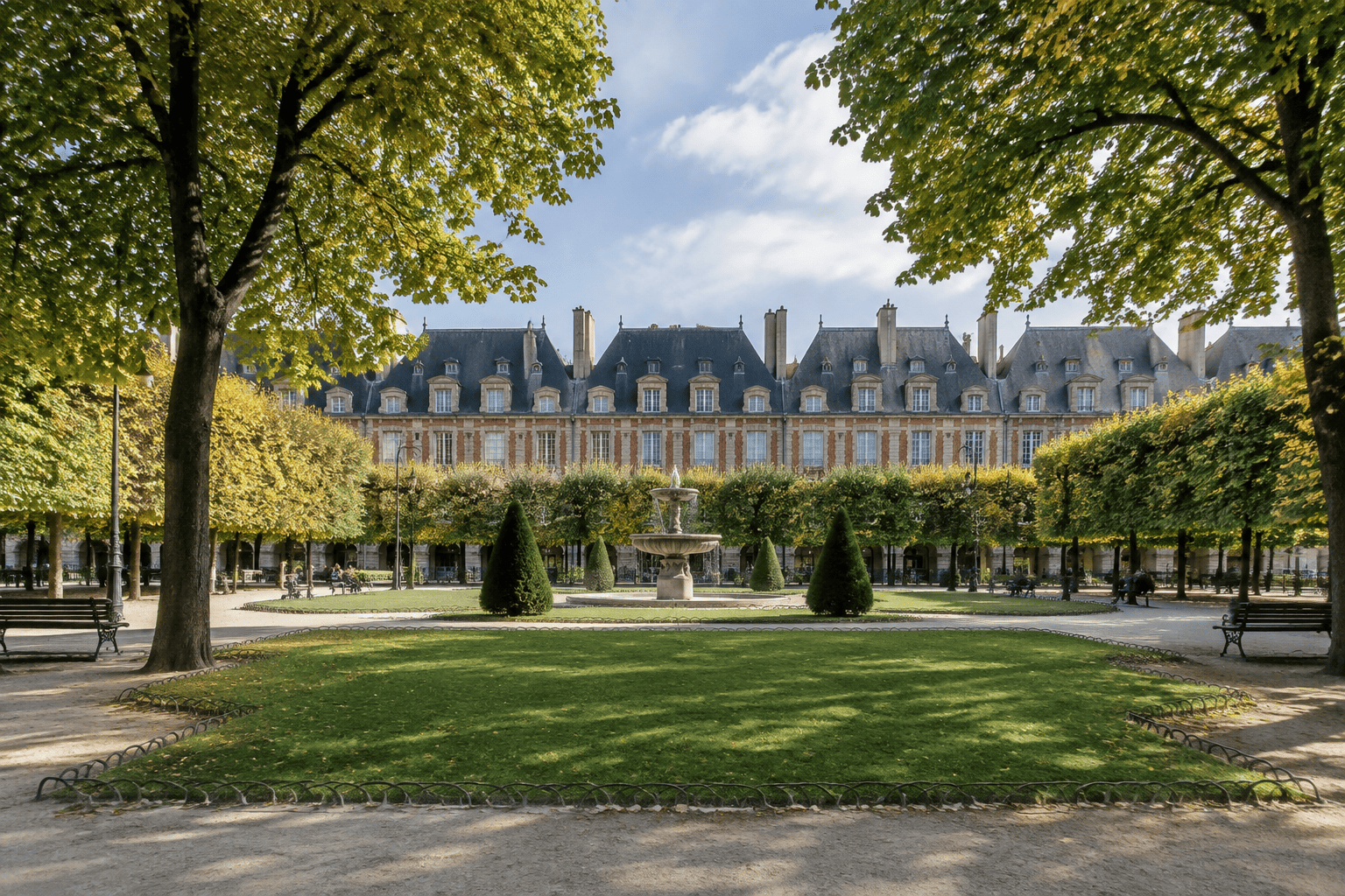 Allées, pelouses et arbres du jardin central, avec les façades de la place des Vosges en arrière-plan.