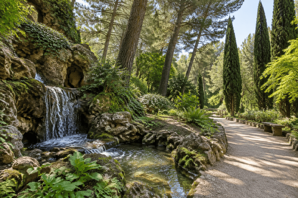Une allée bordée d’arbres longe des rochers et une petite cascade dans un jardin.