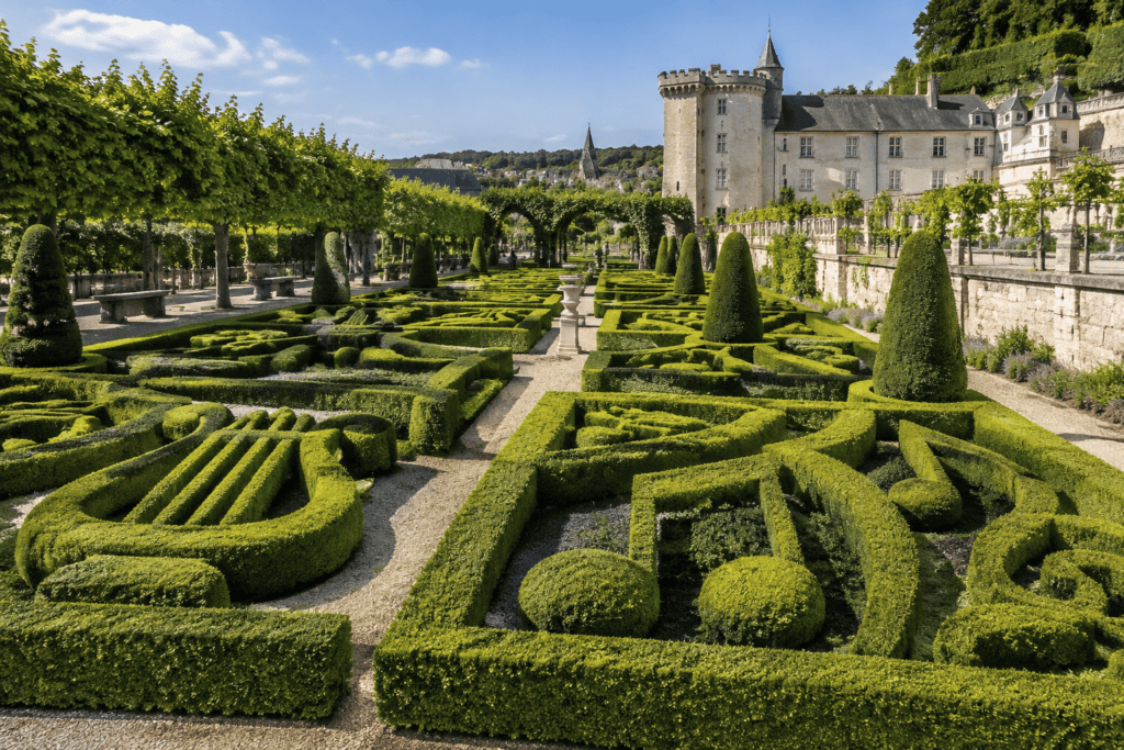Des parterres aux formes géométriques, bordés de buis taillés, s’étendent devant le château de Villandry.