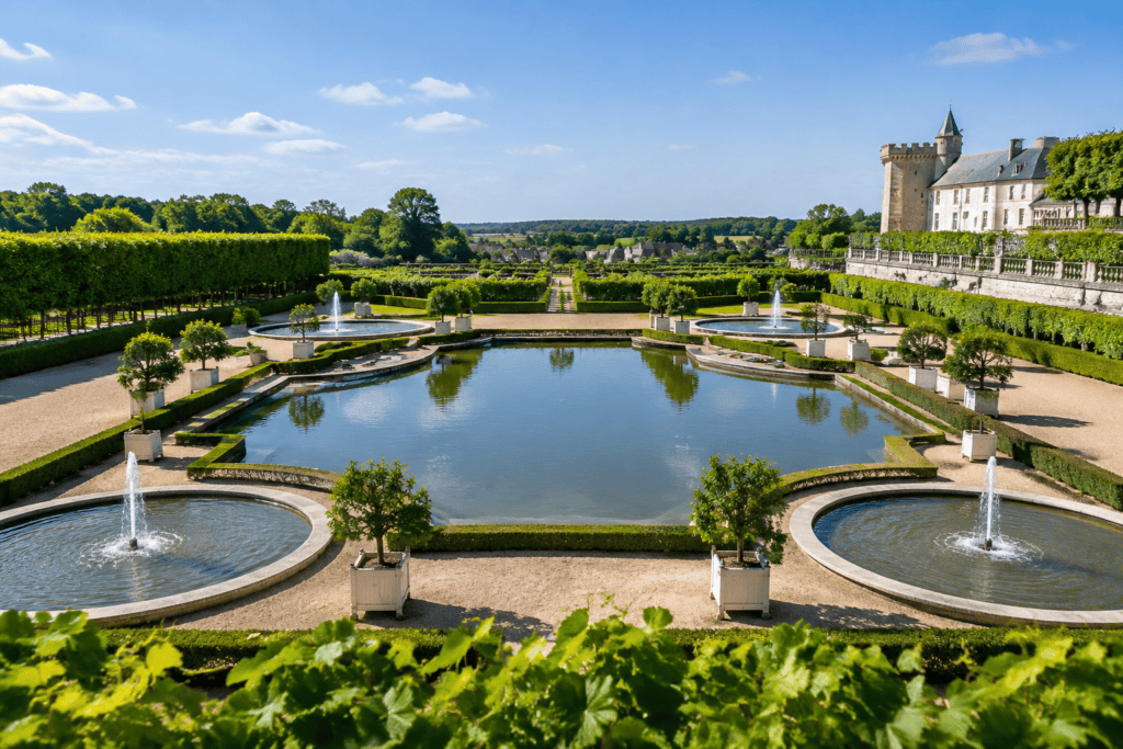 Un grand bassin rectangulaire entouré de bassins circulaires avec des jets d’eau, des haies taillées et le château visible à droite.