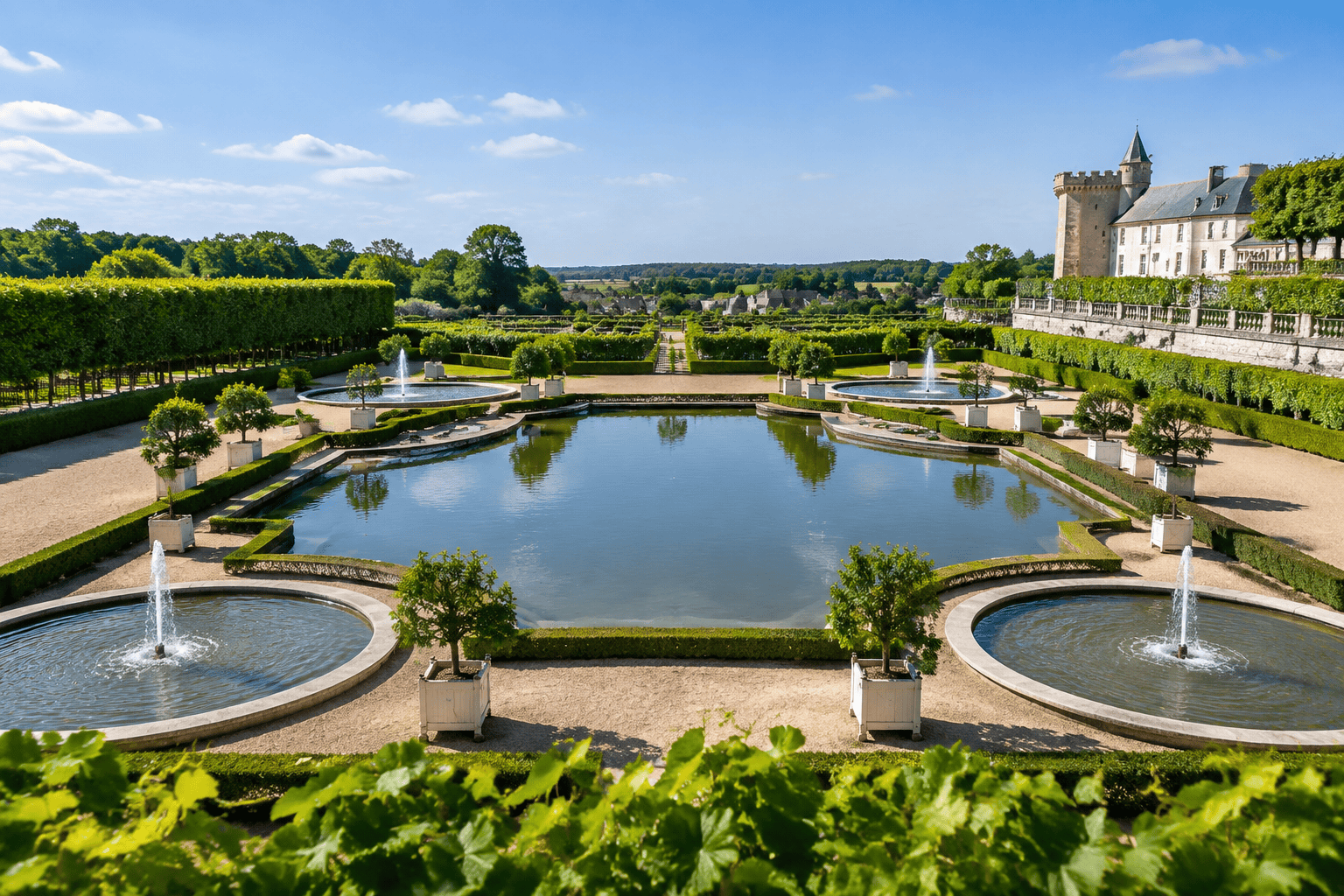 Un grand bassin rectangulaire entouré de bassins circulaires avec des jets d’eau, des haies taillées et le château visible à droite.