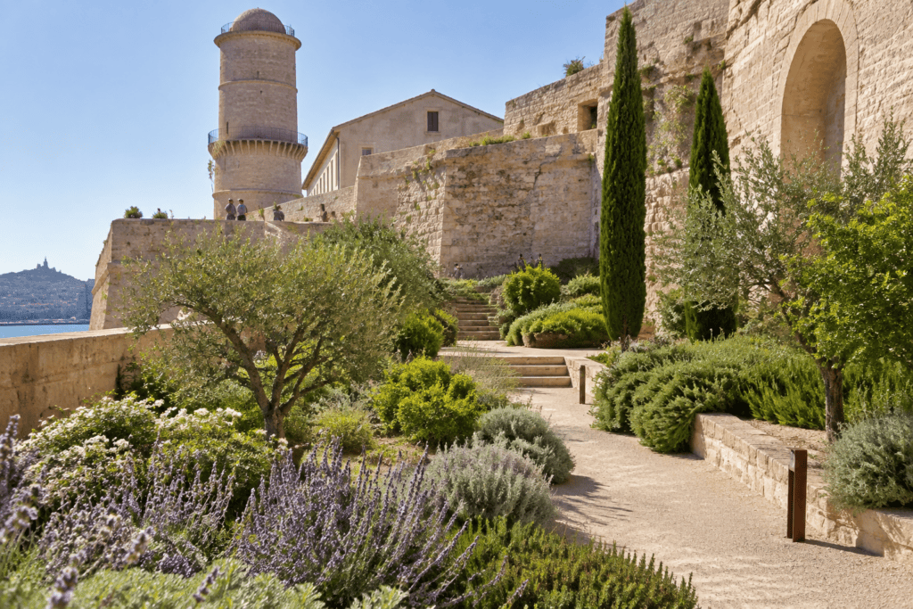 Des plantations méditerranéennes bordent un chemin et des escaliers entre les murs de pierre du fort Saint-Jean.
