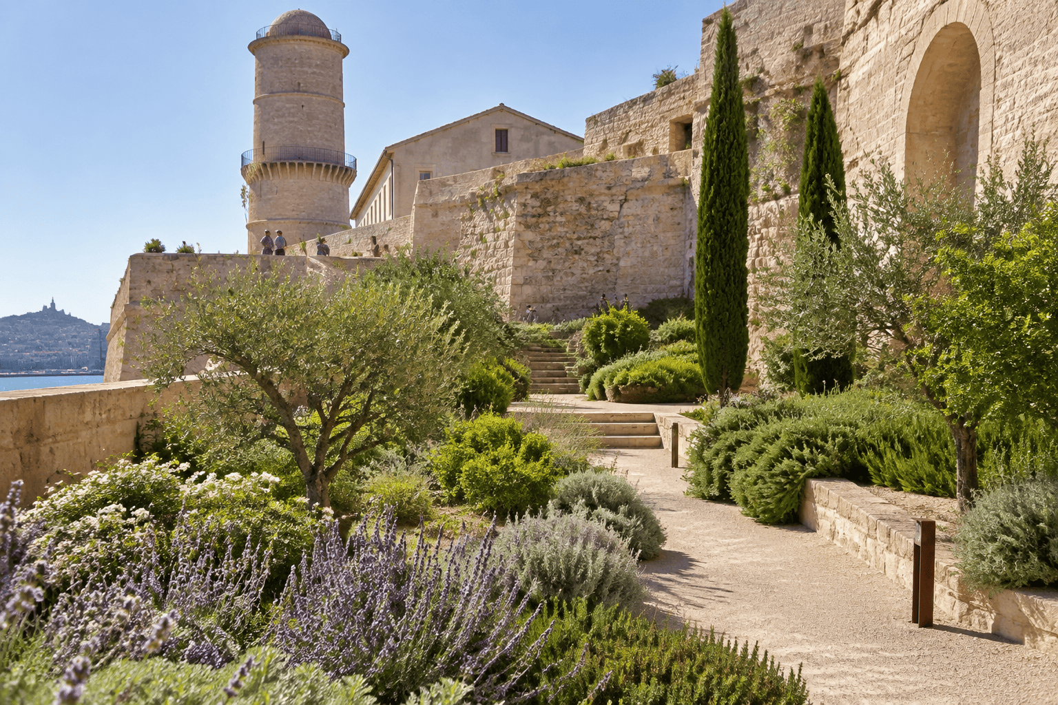 Des plantations méditerranéennes bordent un chemin et des escaliers entre les murs de pierre du fort Saint-Jean.