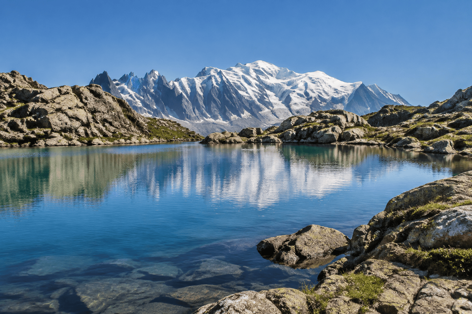 Un lac de montagne reflète des sommets enneigés, entouré de rives rocheuses.