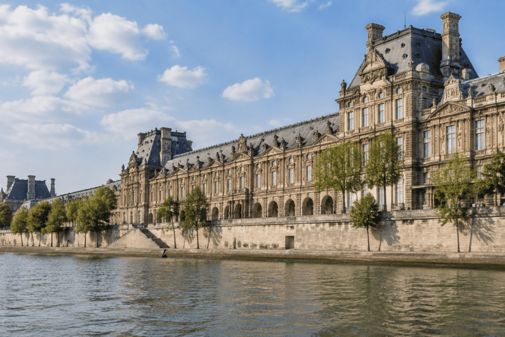 La façade du Louvre longe les quais, avec la Seine au premier plan.