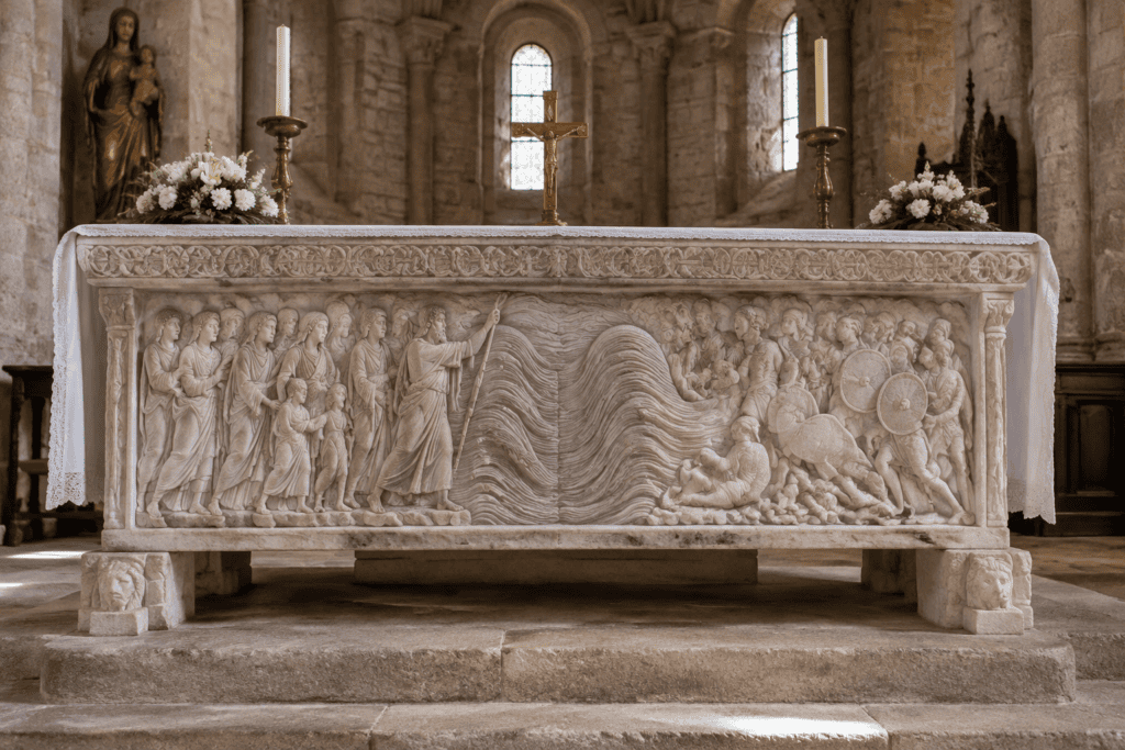 Face sculptée d’un sarcophage de marbre servant de maître-autel, avec des figures en relief et le chœur de l’église en arrière-plan.