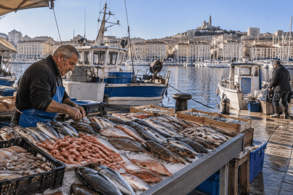 Un vendeur dispose des poissons sur des étals au bord de l’eau, avec des bateaux amarrés et des bâtiments marseillais en arrière-plan.