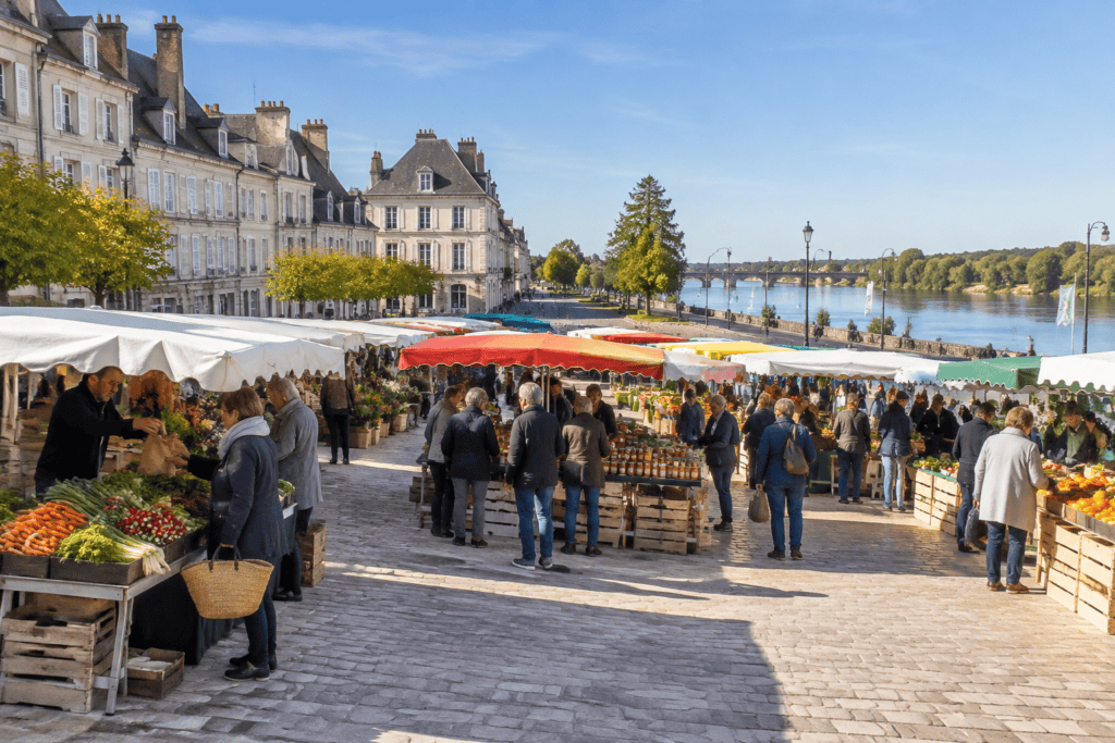 Des étals sous des auvents colorés occupent une place pavée près d’une rivière, bordée de façades anciennes.