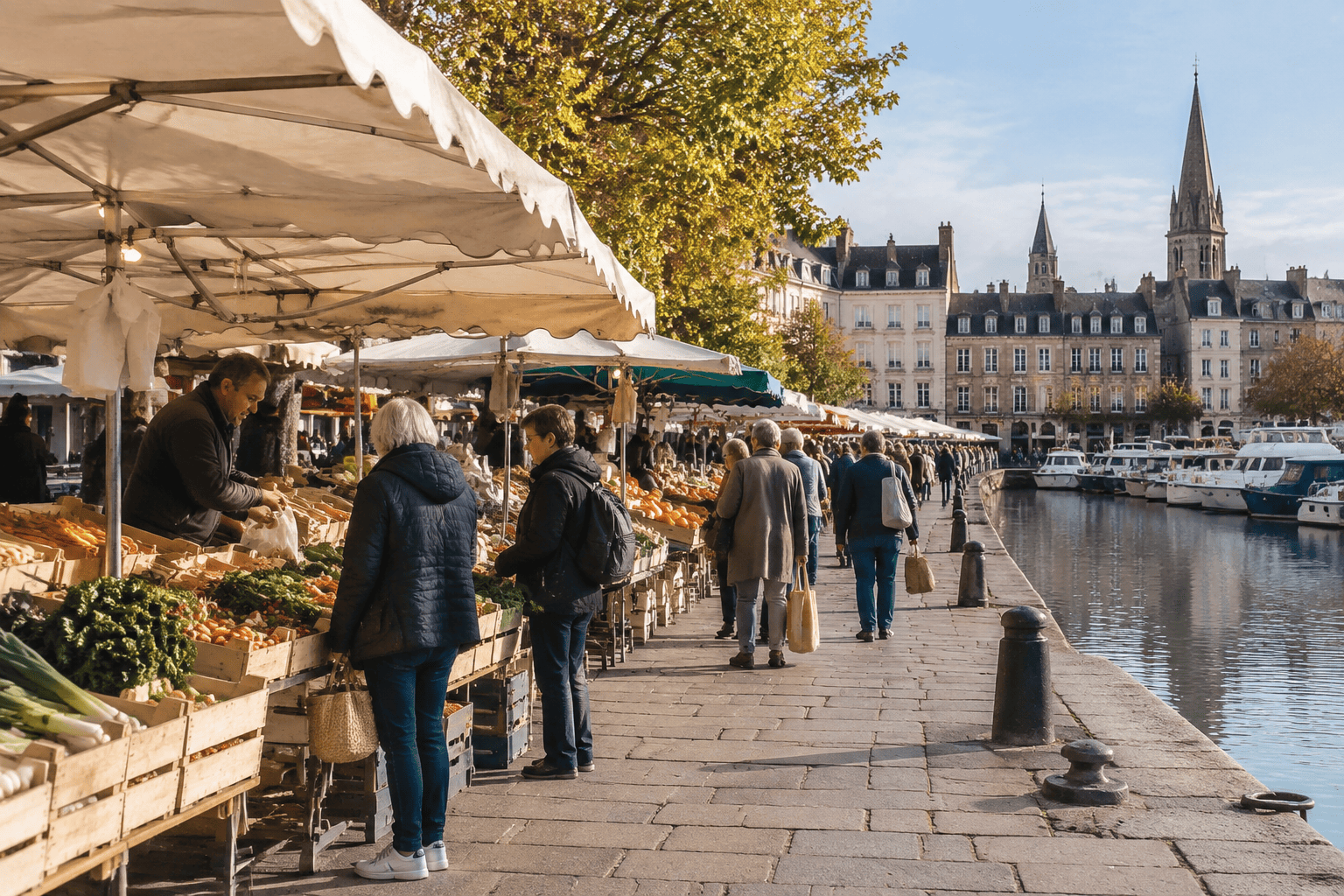 Des étals de marché sous des auvents bordent un quai fréquenté ; le bassin et des bateaux sont visibles à droite.