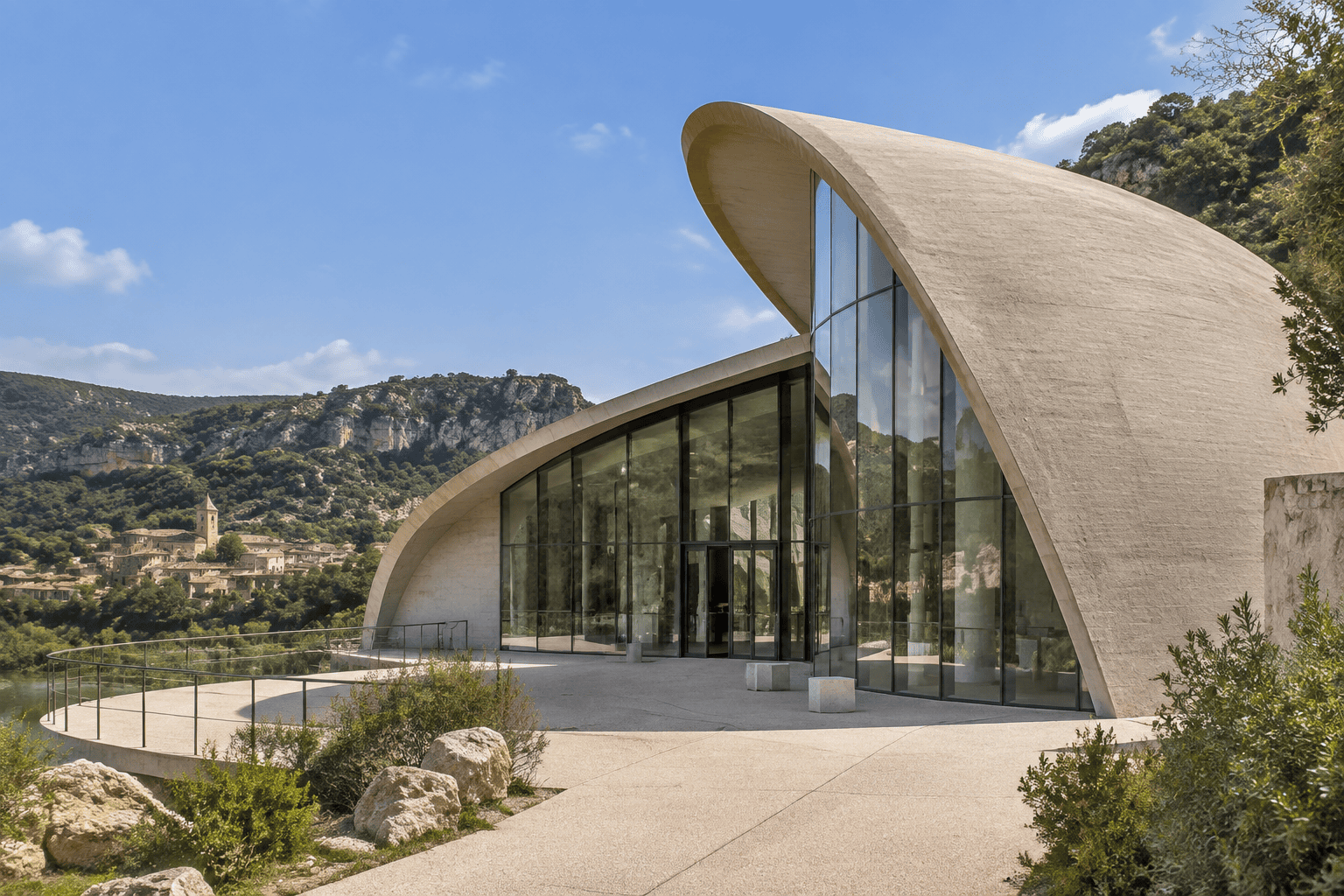 Façade vitrée du musée sous un grand volume courbe en béton clair, avec une esplanade et le paysage provençal en arrière-plan.