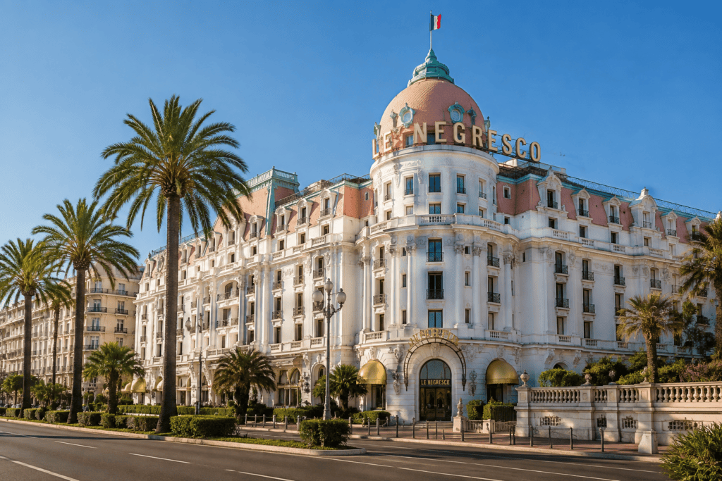 La façade blanche de l’hôtel Negresco, sa coupole rose et son enseigne, bordées de palmiers au-dessus du boulevard.