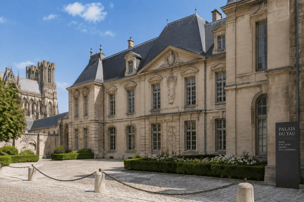 Façade du palais du Tau, avec la cathédrale de Reims visible à gauche en arrière-plan.
