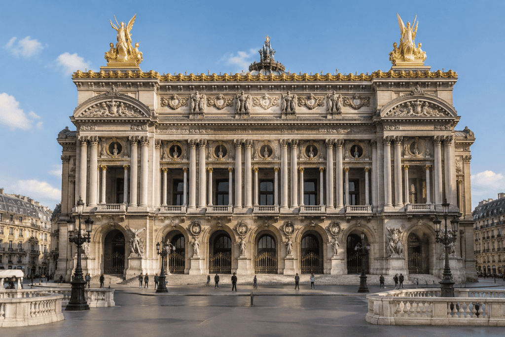 Façade ornée du Palais Garnier, avec ses colonnes, ses sculptures et ses statues dorées sur le toit.