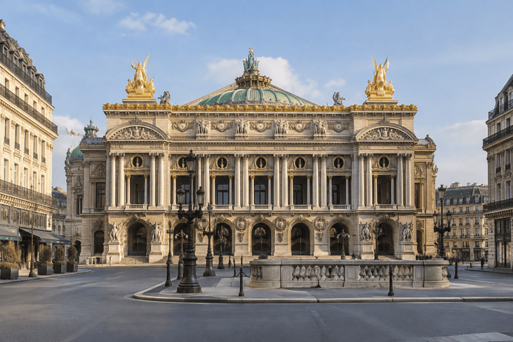 Façade ornée du Palais Garnier, avec son dôme vert et ses sculptures dorées, vue depuis la place dégagée devant le monument.