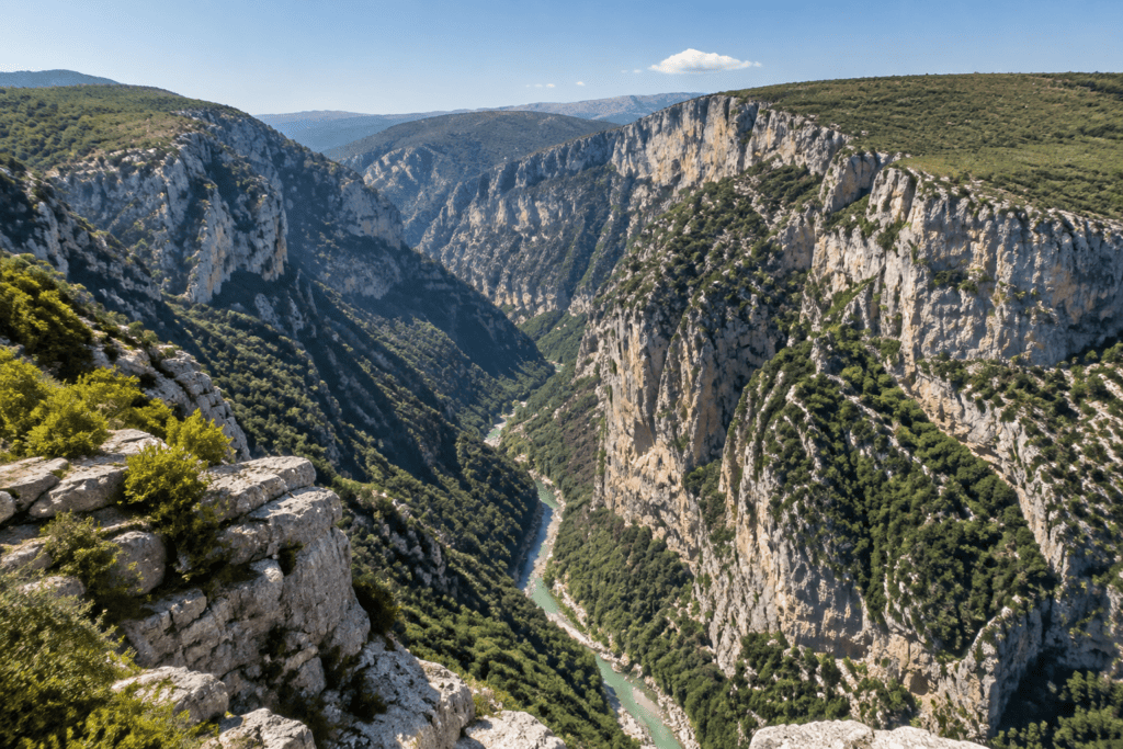 Vue plongeante sur les falaises calcaires des gorges du Verdon et la rivière qui serpente au fond du canyon.