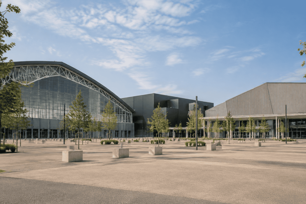 Plusieurs halls aux façades vitrées et métalliques bordent une vaste esplanade plantée de jeunes arbres.