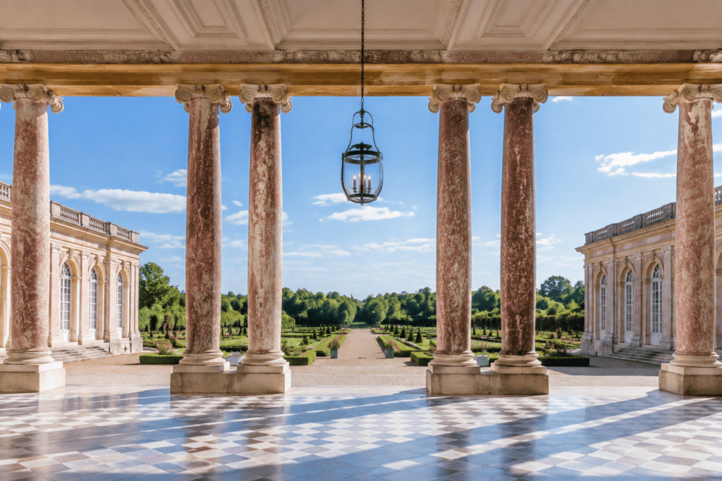 Des colonnes de marbre rose ouvrent sur les jardins entre deux ailes du palais.