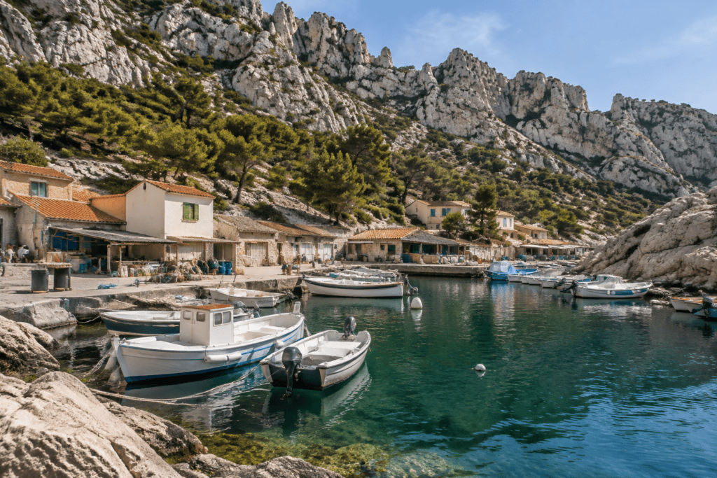 Des embarcations sont amarrées devant des cabanons au bord d’une anse encaissée, sous des falaises calcaires.