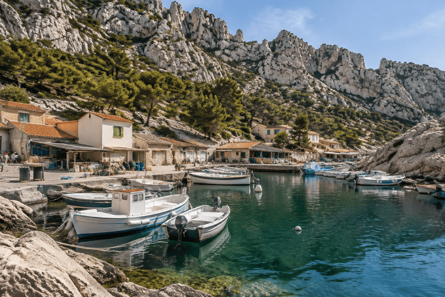 Des embarcations sont amarrées devant des cabanons au bord d’une anse encaissée, sous des falaises calcaires.