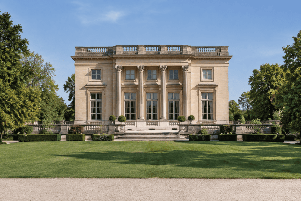 Façade symétrique en pierre du Petit Trianon, avec quatre colonnes, une pelouse et des arbres.