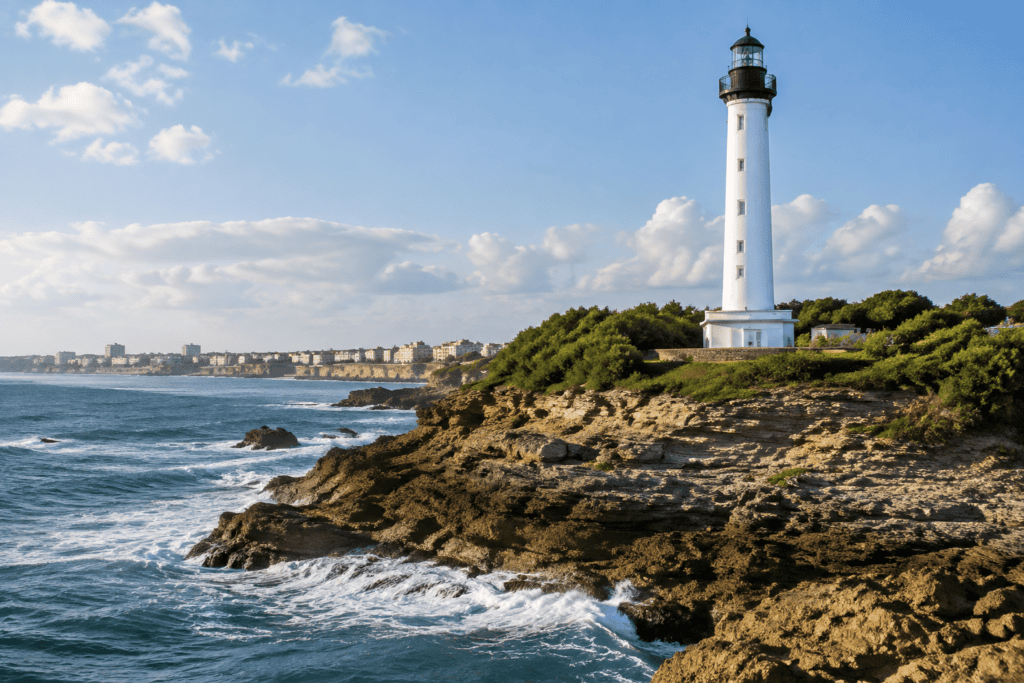 Un phare blanc s’élève au-dessus d’un promontoire rocheux et verdoyant, face aux vagues et à la côte urbaine au loin.