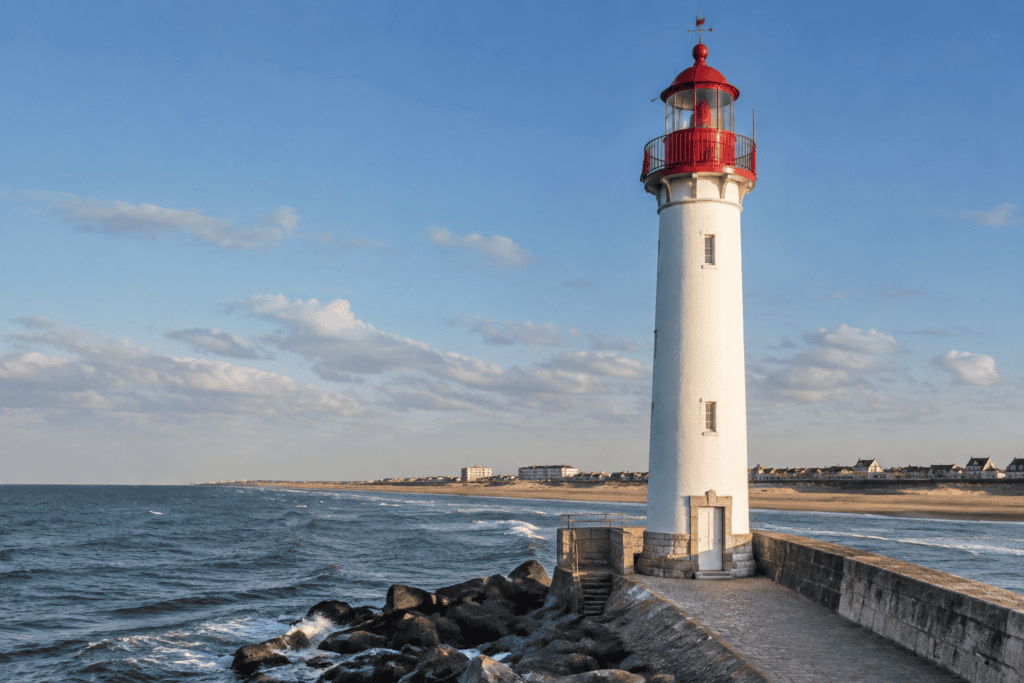 Un phare blanc coiffé d’une lanterne rouge se dresse sur une digue de pierre, entre la mer et une plage.