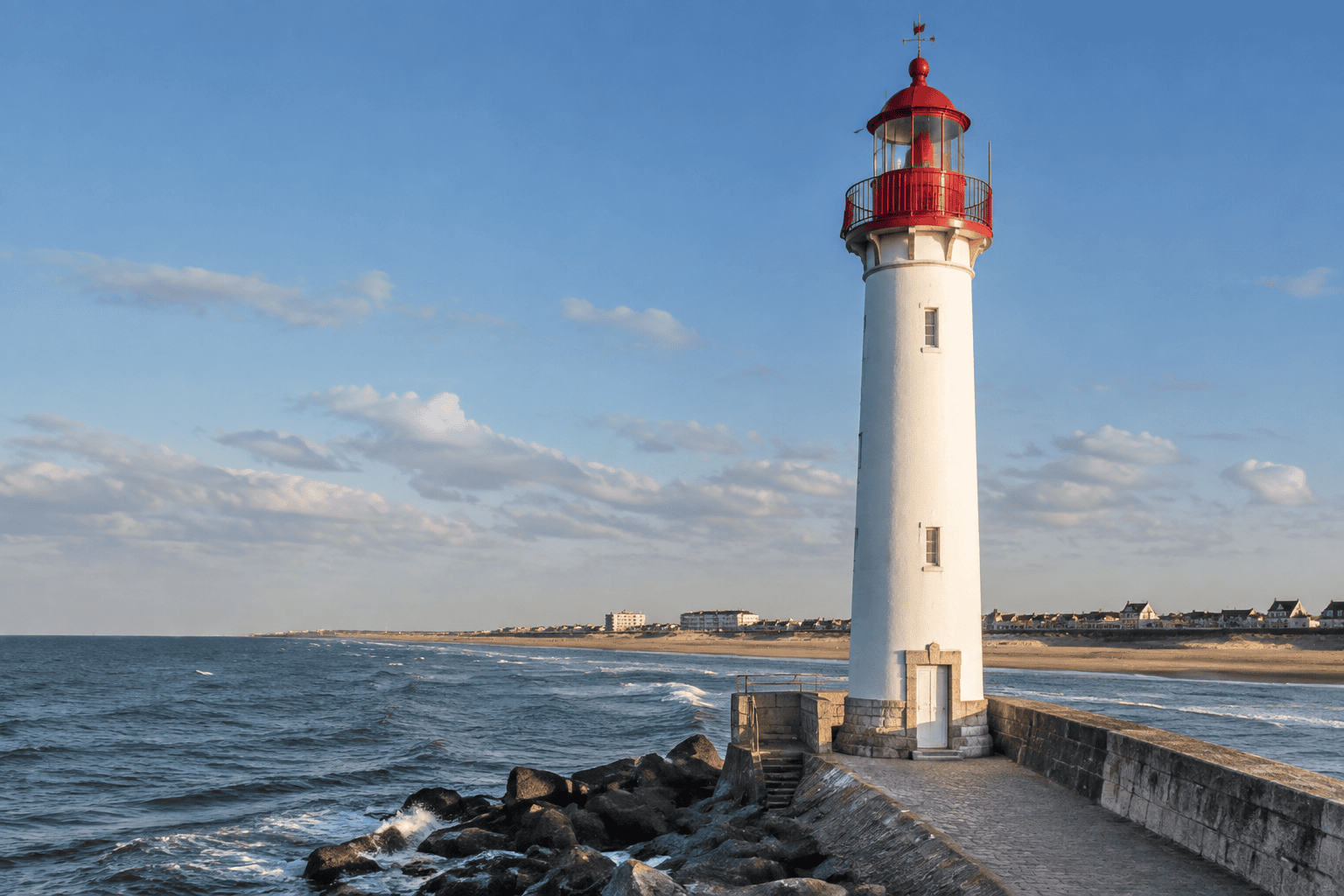 Un phare blanc coiffé d’une lanterne rouge se dresse sur une digue de pierre, entre la mer et une plage.