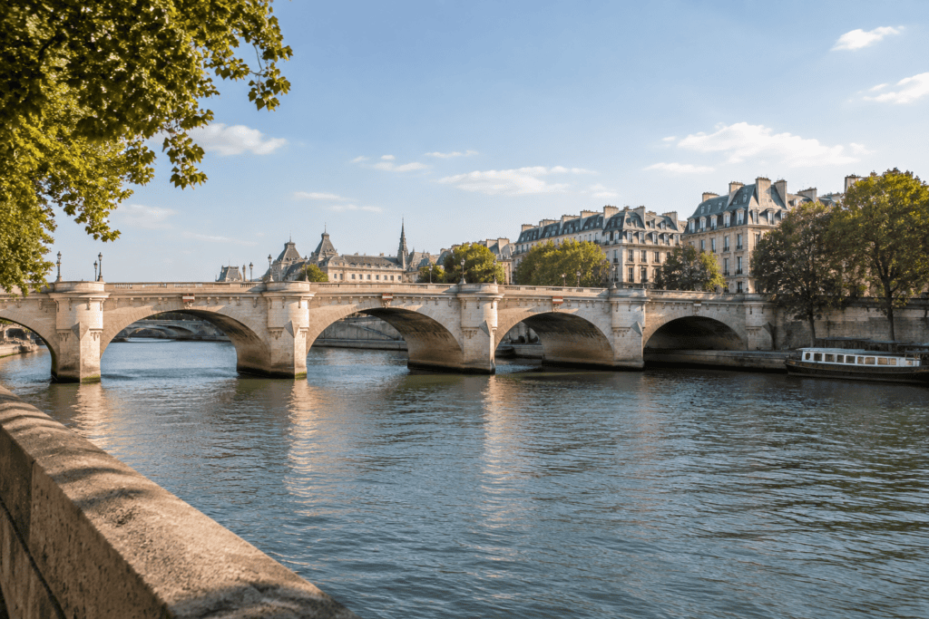 Le Pont-Neuf traverse la Seine, avec ses arches, des façades parisiennes et un bateau sur le fleuve.