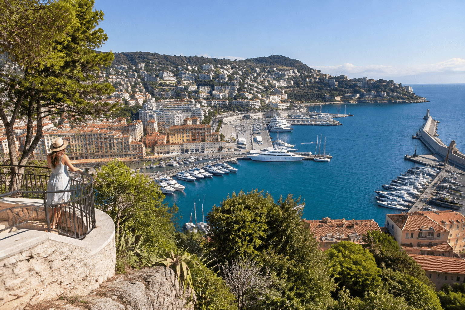 Vue en hauteur sur le bassin du port de Nice, ses quais et ses bateaux, avec une personne au belvédère.