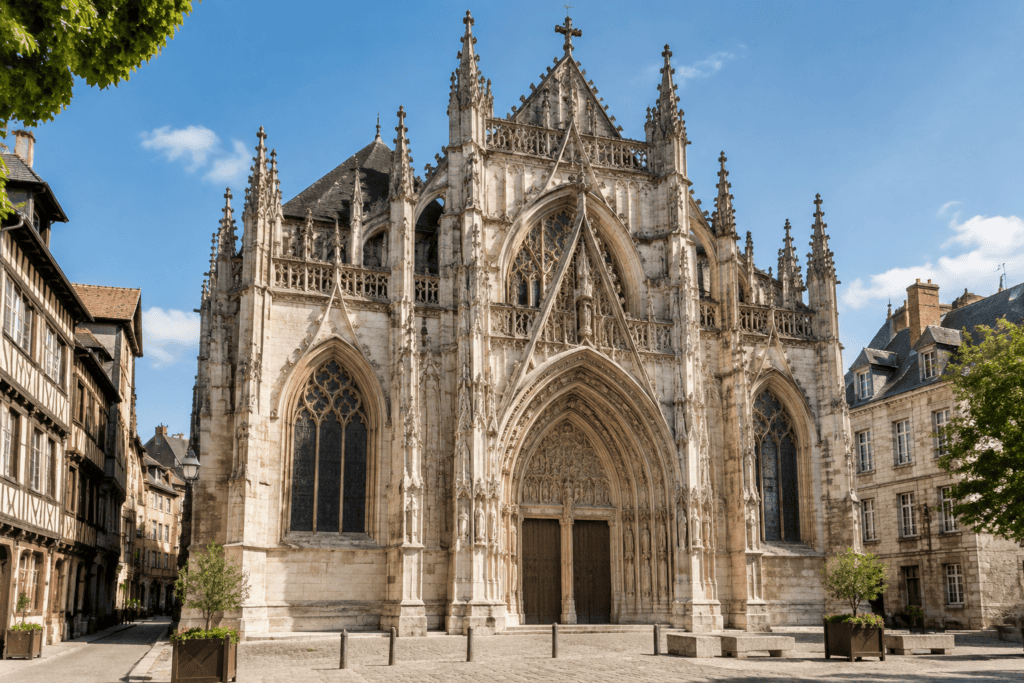 Façade sculptée de l’église Saint-Maclou, avec trois portails gothiques et de hautes ouvertures, à Rouen.