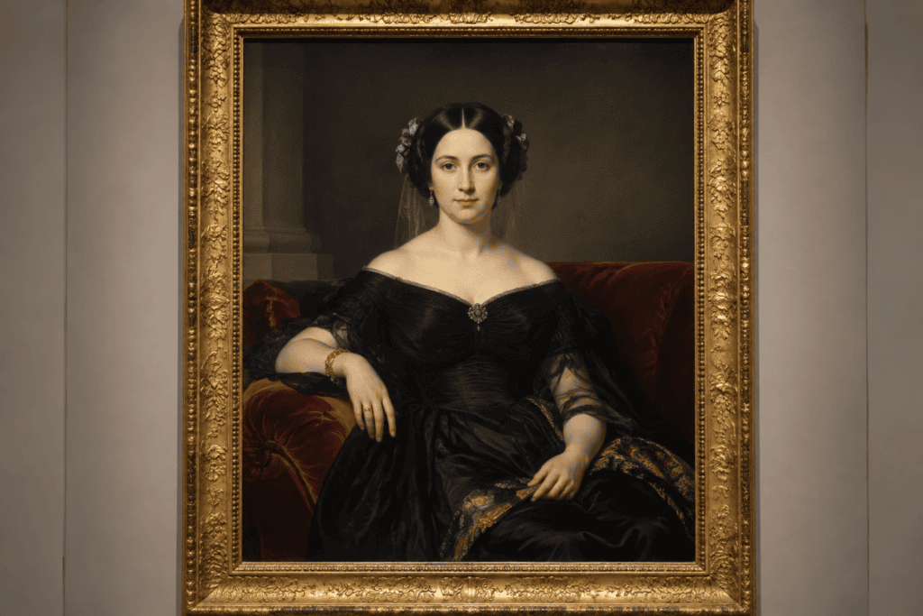 Portrait peint d’une femme assise en robe noire, installée devant un fond sombre et encadrée d’un cadre doré orné.