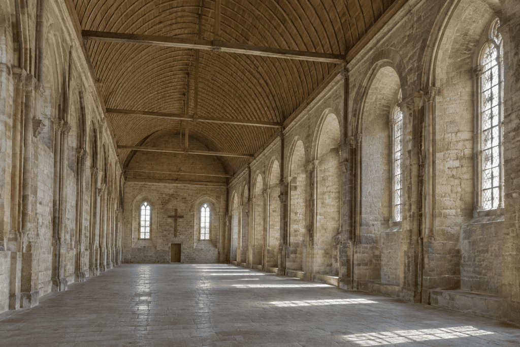 Longue salle de pierre voûtée, avec un plafond en bois et des fenêtres cintrées le long d’un mur.