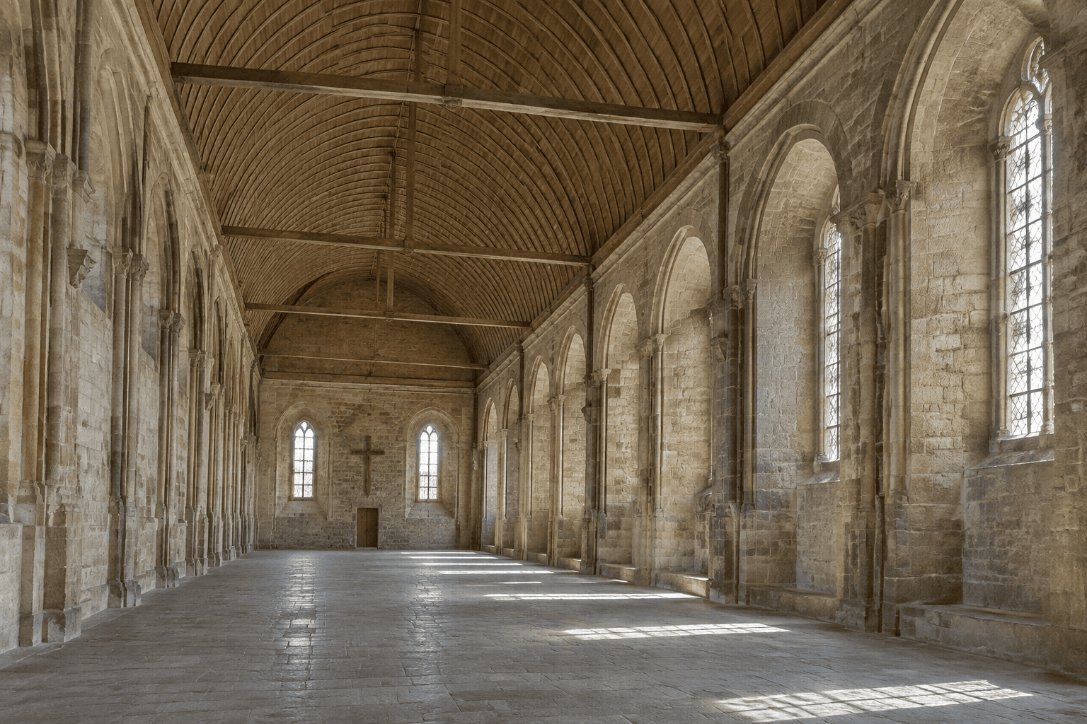 Longue salle de pierre voûtée, avec un plafond en bois et des fenêtres cintrées le long d’un mur.