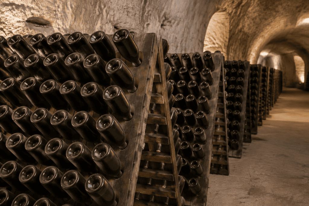 Des bouteilles inclinées sont disposées sur des pupitres en bois dans une galerie de cave aux parois claires.