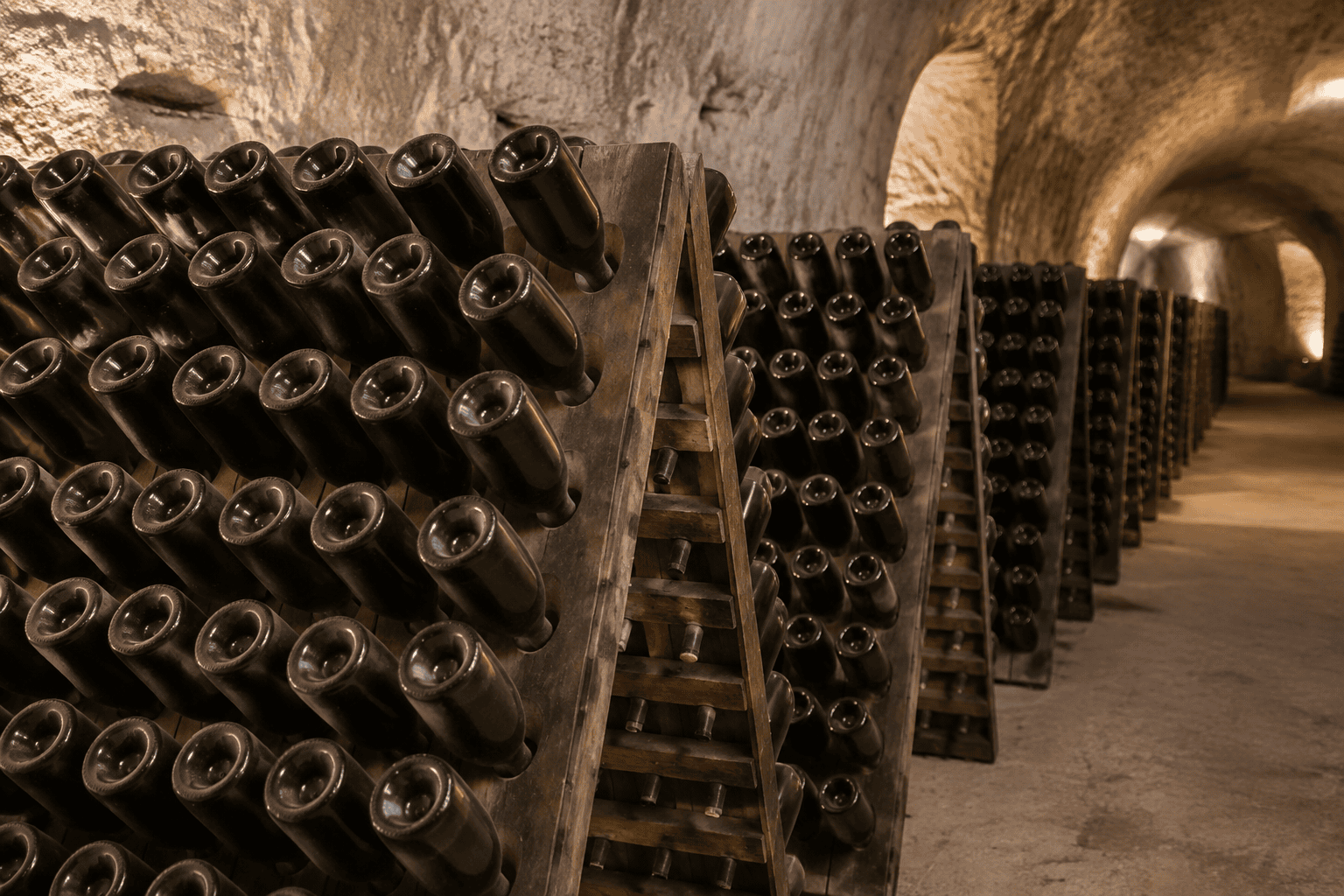 Des bouteilles inclinées sont disposées sur des pupitres en bois dans une galerie de cave aux parois claires.