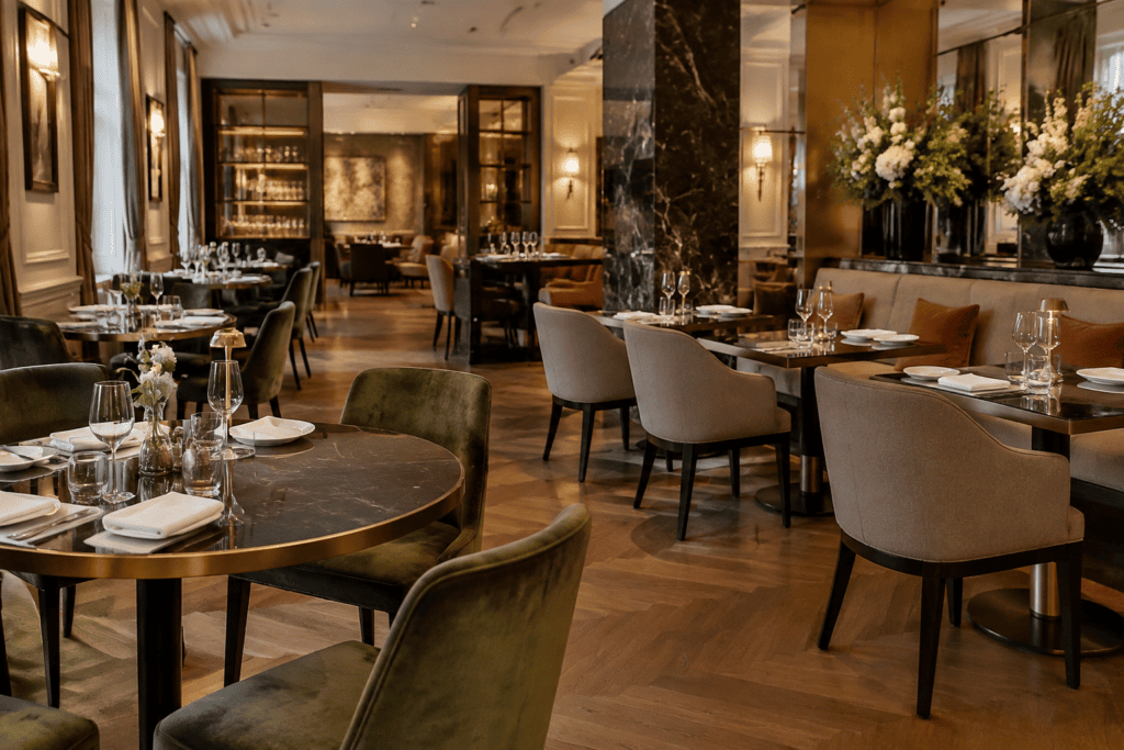 Salle de restaurant aux tables dressées, avec des fauteuils et des compositions florales.