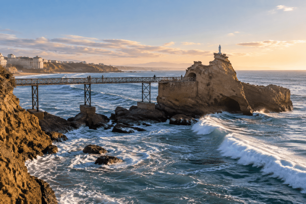 La passerelle métallique rejoint le Rocher de la Vierge, avec sa statue au sommet, au-dessus des vagues de l’Atlantique.