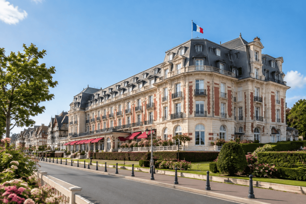 Façade d’un grand hôtel aux toits mansardés, avec un drapeau français, des jardins et une rue au premier plan.