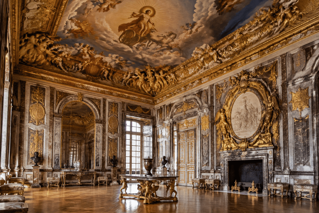 Salon orné de marbre et de dorures, avec une cheminée monumentale et un plafond peint où apparaît Apollon.