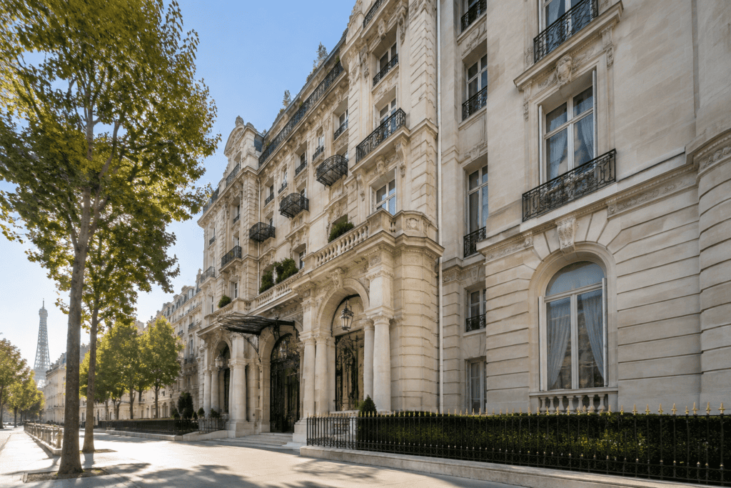 Façade du Shangri-La Paris Façade en pierre du Shangri-La Paris bordée d’arbres, avec la tour Eiffel visible au loin.